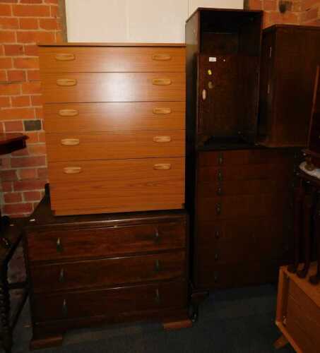 A group of furniture, to include an oak pot cupboard, open enclosure above single door, a chest,...