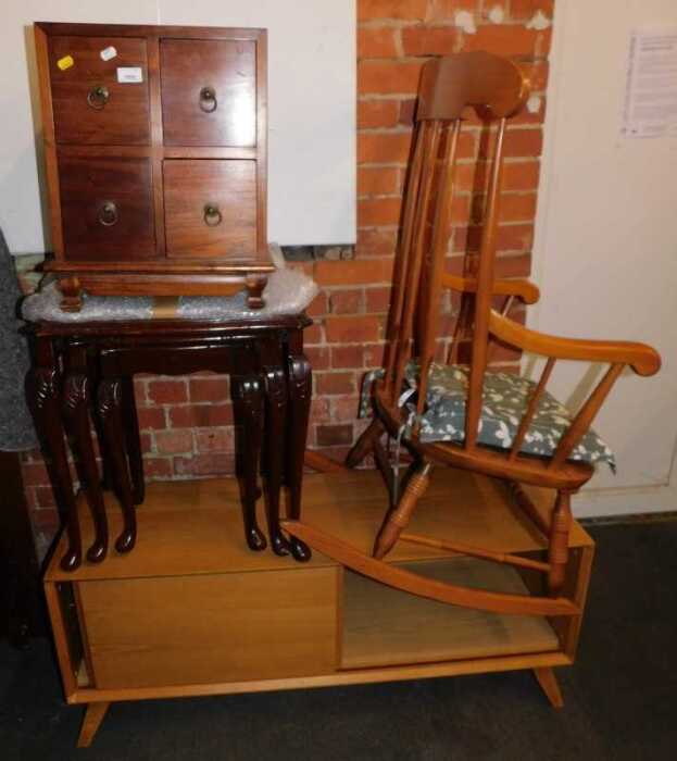 Furniture, comprising a rocking chair, a nest of three tables, a television unit, and a small...