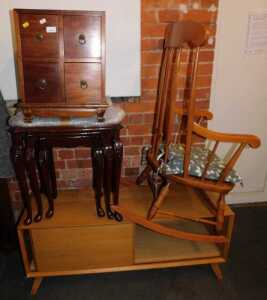 Furniture, comprising a rocking chair, a nest of three tables, a television unit, and a small...