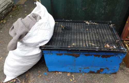 A folding black painted metal dog crate, a blue painted trunk, and a quantity of furniture...