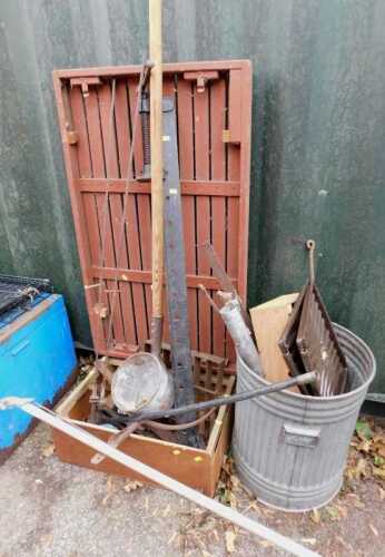 A quantity of tools, various types, galvanised bin, etc.