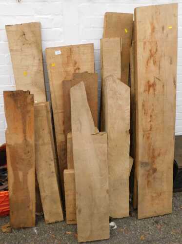 Various sections of timber, to include yew, ash, etc., the tallest planks 163cm high, the widest...