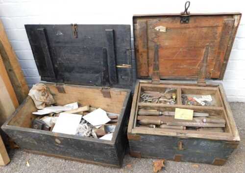 Two stained pine chests, (AF), each containing a large quantity of tools.