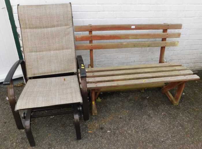 A wooden slatted garden bench, and a rocking garden chair. (2)