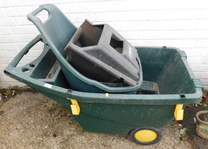 Two plastic wheelbarrows, etc.