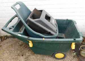 Two plastic wheelbarrows, etc.