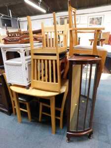 Miscellaneous items, to include walnut display cabinet, three rail back kitchen chairs and...