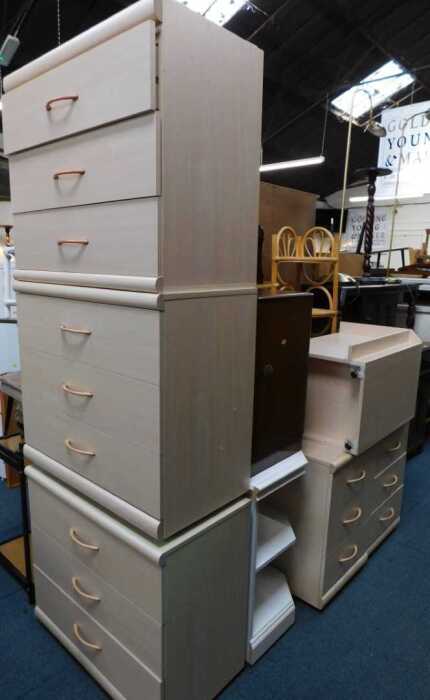 Miscellaneous furniture, to include pair of three drawer bedside tables, corner bamboo rack, bed...