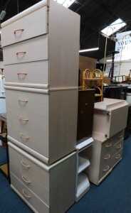 Miscellaneous furniture, to include pair of three drawer bedside tables, corner bamboo rack, bed...