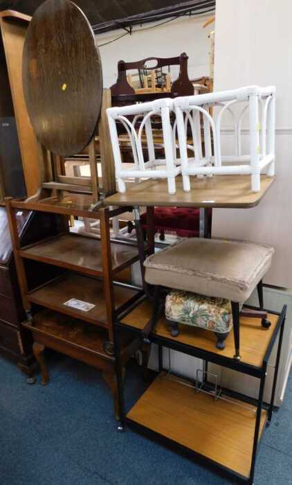 Furniture, including an oak drop leaf table, two low bamboo tables, two trolleys, a bed table,...