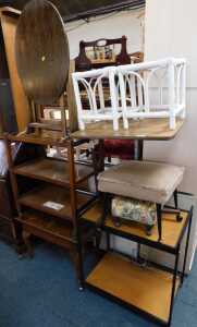 Furniture, including an oak drop leaf table, two low bamboo tables, two trolleys, a bed table,...