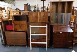 Miscellaneous furniture, to include a bureau, two cabinets with sliding drawers, 1950s side...
