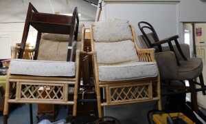 A pair of conservatory chairs, piano stool, armchair, and a child's bentwood chair. (5) The...