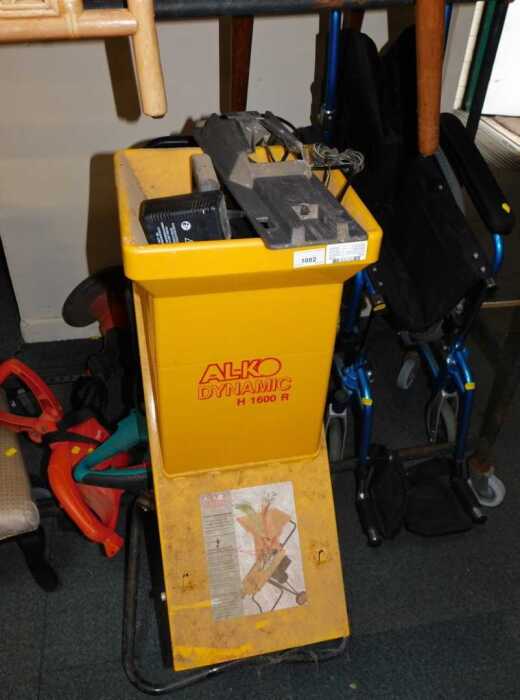 An Alko Dynamic H1600R shredder, a Bosch electric strimmer, a Flymo electric strimmer, and a...