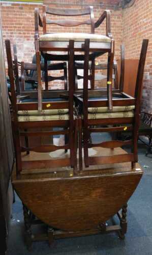 Furniture, to include an oak drop leaf gate leg dining table, and five dining chairs, one carver...