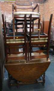 Furniture, to include an oak drop leaf gate leg dining table, and five dining chairs, one carver...