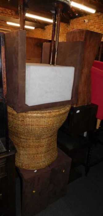 Furniture, to include four square stools, finished in brown upholstery, a small grey cube stool,...