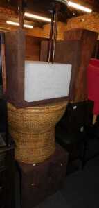 Furniture, to include four square stools, finished in brown upholstery, a small grey cube stool,...