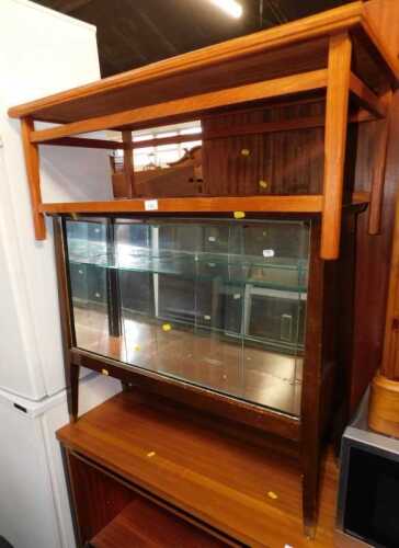 A mid-century teak and tiled top coffee table, 95cm wide, together with 1950s display cabinet,...