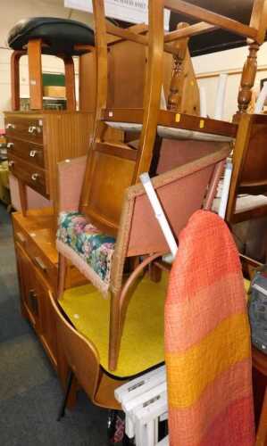 A 1950s Formica topped kitchen table, two bentwood chairs, a Lloyd Loom style chair, further...