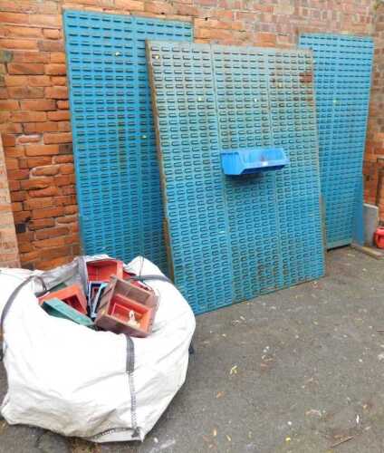 Three blue coated steel louvred storage panels, each 211cm high.