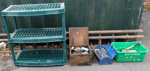 Metal and wooden tool chests, containing tools, a wooden extending ladder, plastic shelving, etc....