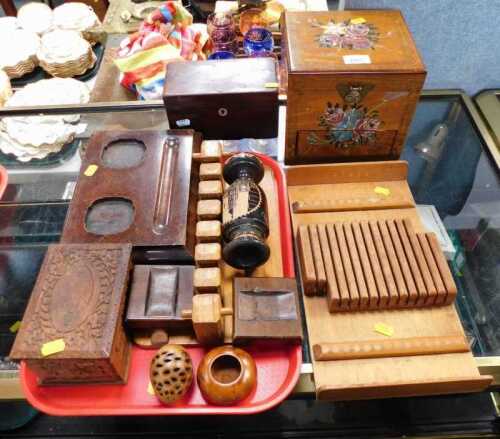 An Oriental hardwood and painted jewellery box, 19thC tea caddy, further treen, to include desk...