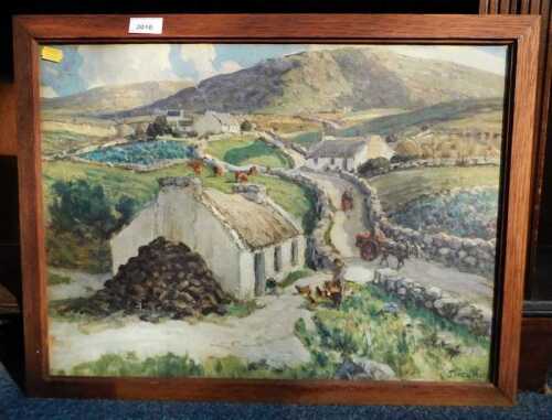 After JH Craig. Village scene depicting cottages and figures, print, 55cm x 41cm.