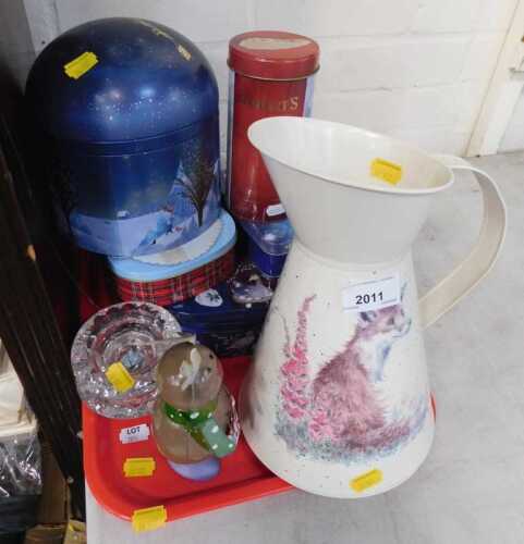Decorative tins, together with a jug decorated with a fox, etc. (1 tray)