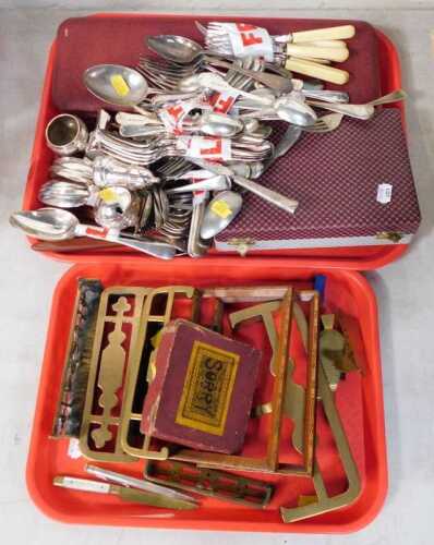 Loose and cased flatware, together with brassware etc. (2 trays)