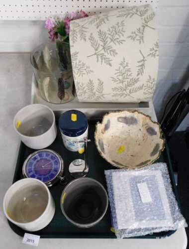 Decorative wares, including a glass planter inset with feathers, a wooden tray with decoupage...