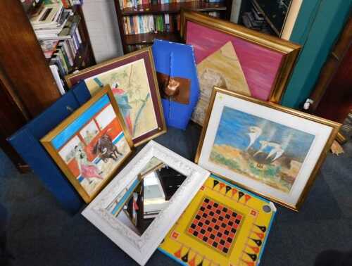Pictures, prints and mirrors, to include pastel of a parrot, landscape with boats to foreground,...