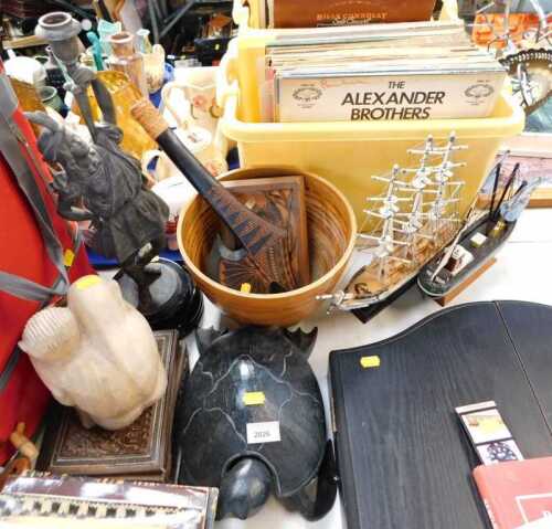 Miscellaneous items, to include a spelter figural candlestick, (AF), two model boats, a model...