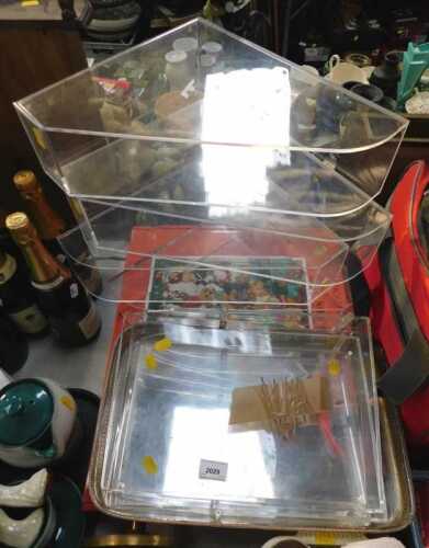 A Fortnum & Mason advent calendar for dogs, six Perspex letter racks, and a silver plated tray.