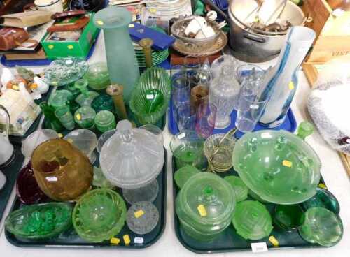 A quantity of coloured and clear glass, to include a marbled jug, Art Deco dressing table items,...