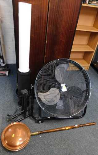 A large adjustable floor fan, 67cm wide, copper warming pan, a Worcester boiler flue, and a...