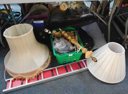 Household items, to include lamp shades, waste paper baskets, violin cases with bows, table...