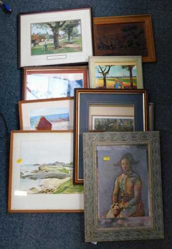 A quantity of pictures and prints, comprising watercolour of a soldier, empty frame, coastal...