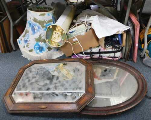 Assorted household wares, bedspread, Empty Dirt vacuum cleaner, lamp shade, Tower fan, books,...