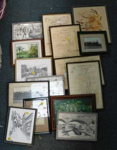 Pictures and prints, including landscape scenes, a pressed flower scene, maps and photographs,...