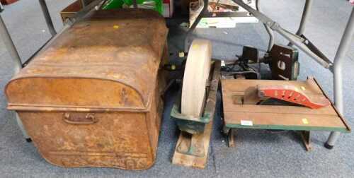 A knife sharpener, a Wolf pillar drill, circular saw, and a tin tool chest and contents of hand...