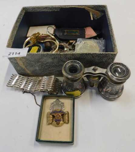 A pair of 20thC opera glasses, silver plated gate bracelet, compass, thimble, commemorative...