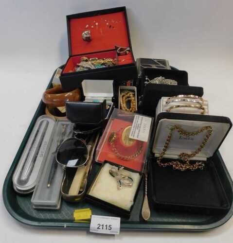 Assorted costume jewellery and effects, comprising Pierre Cardin tricolour bracelet, aviator...