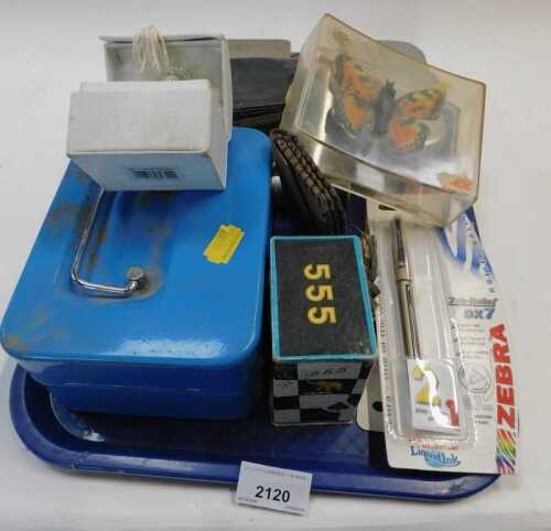 Assorted costume jewellery and effects, binoculars, pens, butterfly money box, etc. (1 tray)