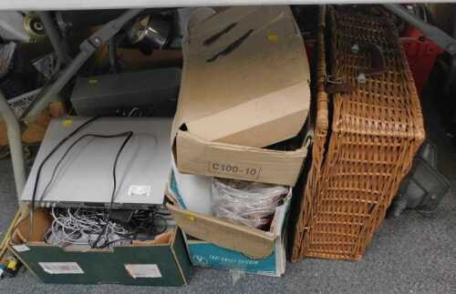Assorted electronics and effects, comprising a Bush DVD player, sound system, wicker basket,...