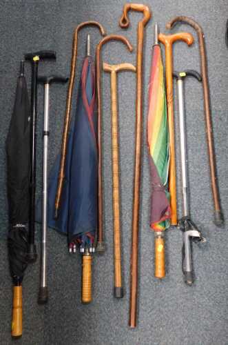 Walking sticks, parasols, and umbrellas. (all under 1 table)