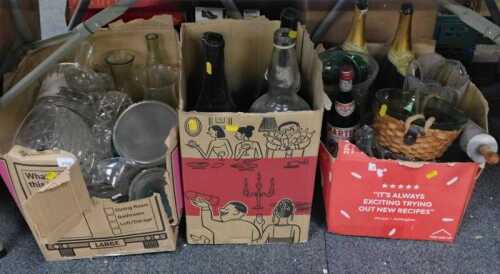 Glassware, including magnum champagne bottles (lacking contents), glass bowls, rolling pin,...