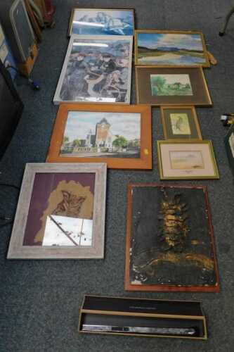 Assorted pictures and prints, umbrellas, coastal scenes, etc. (1 box)