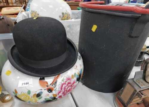 An Eastern inspired vase, a Woodrow Piccadilly London top hat, and a cast bucket with red...