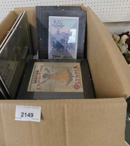 A group of Model Railway magazines, together with motor racing posters in clip frames.